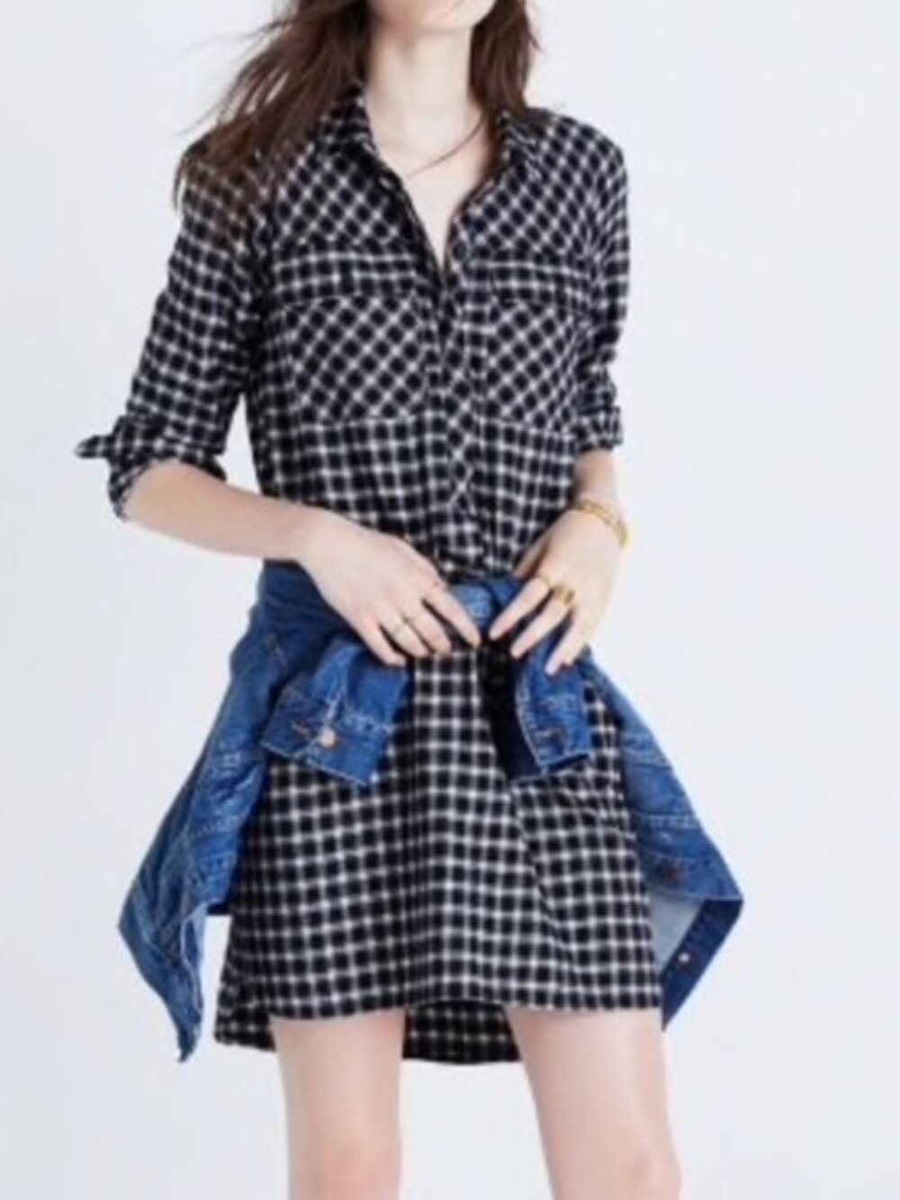 Madewell Daywalk Flannel Shirt Dress in Hillsdale Plaid XXS Cotton Black White